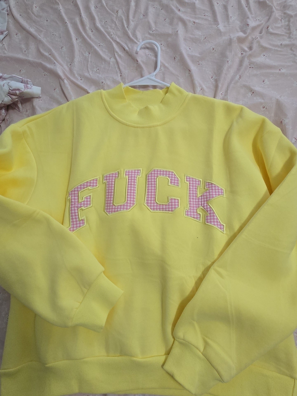 Yellow Graphic Sweatshirt with Pink Gingham Lettering